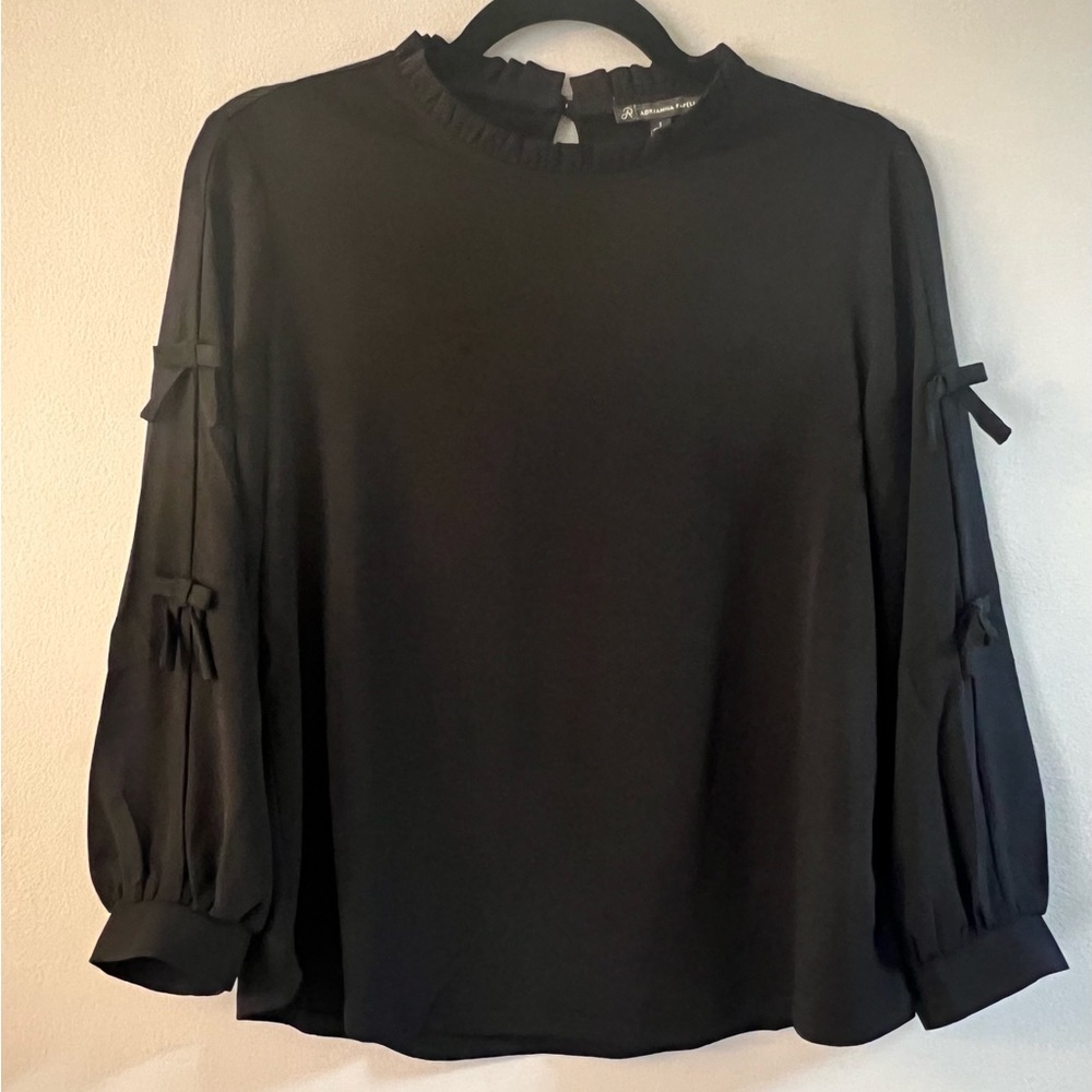 🆕-Adrianna Papell Black Blouse with Bishop Sleeves and Mandarin Collar